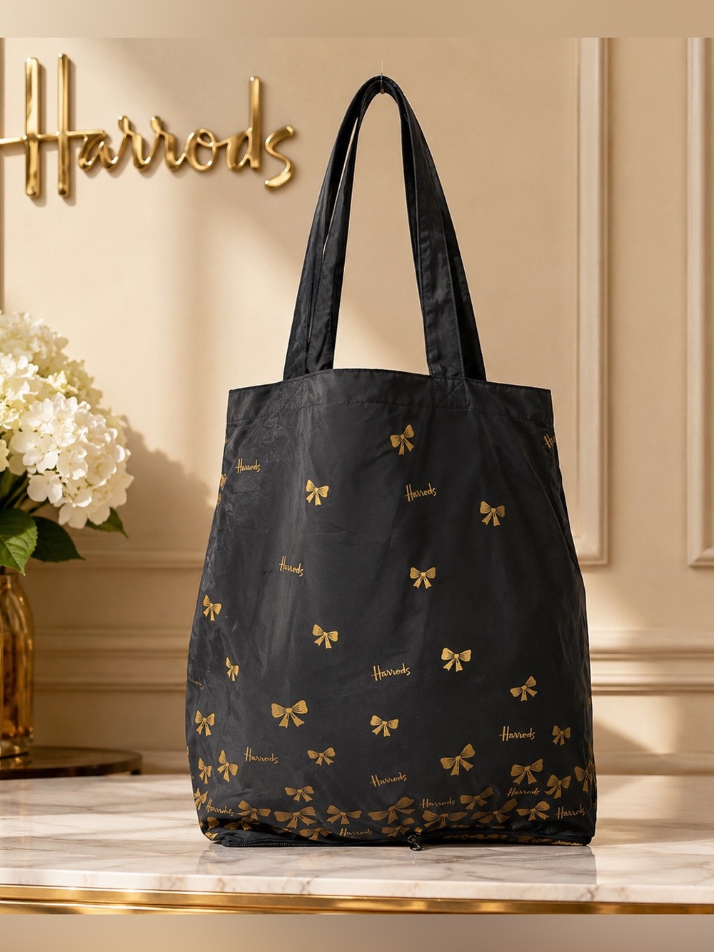 🌸 Harrods London Gold  💛 Bow Pocket Shopping Bag - Retired Pattern